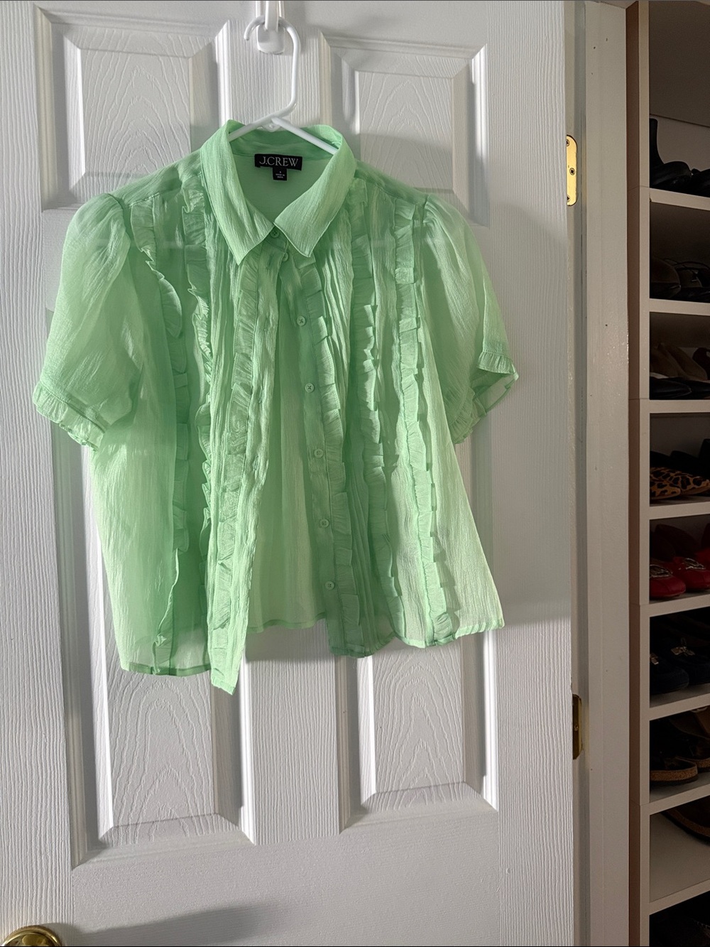J. Crew Light Mint Green Ruffle-Front Button Down Blouse